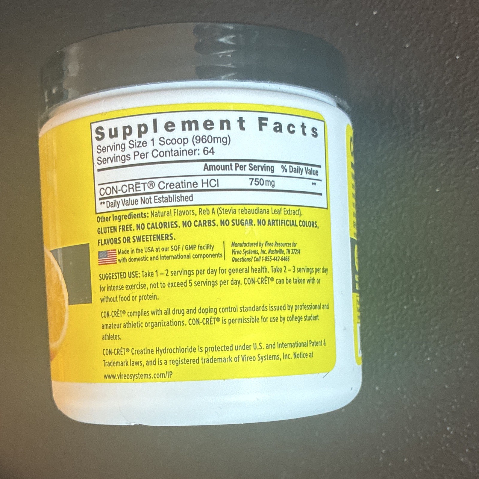 CON-CRET Creatine HCl Powder Lemon Lime Gluten-Free Sugar-Free 2.2 oz ex 04/28