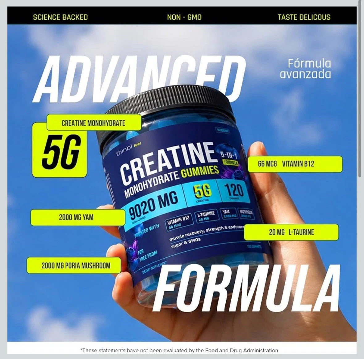 Thinbi Creatine Gummies 9020mg 5-in-1 5G Creatine Monohydrate B12 & L-Taurine