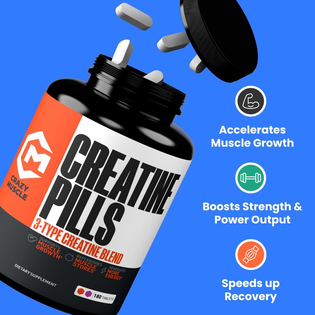 Crazy Muscle Creatine Monohydrate Pills, Premium 3 Type 5g Creatine Pills, Pr…