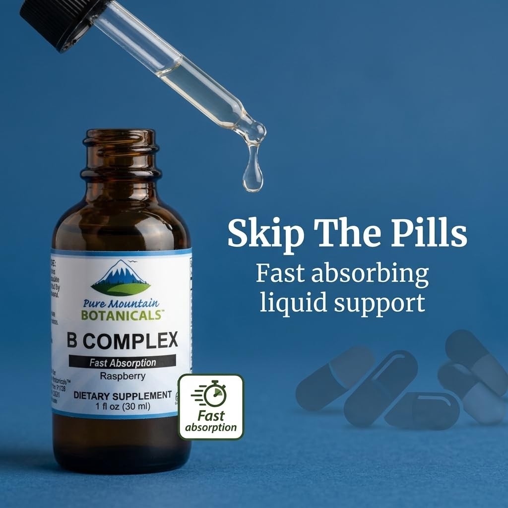Pure Mountain Botanicals Liquid Vitamin B Complex – B12 B6 Drops – Raspberry