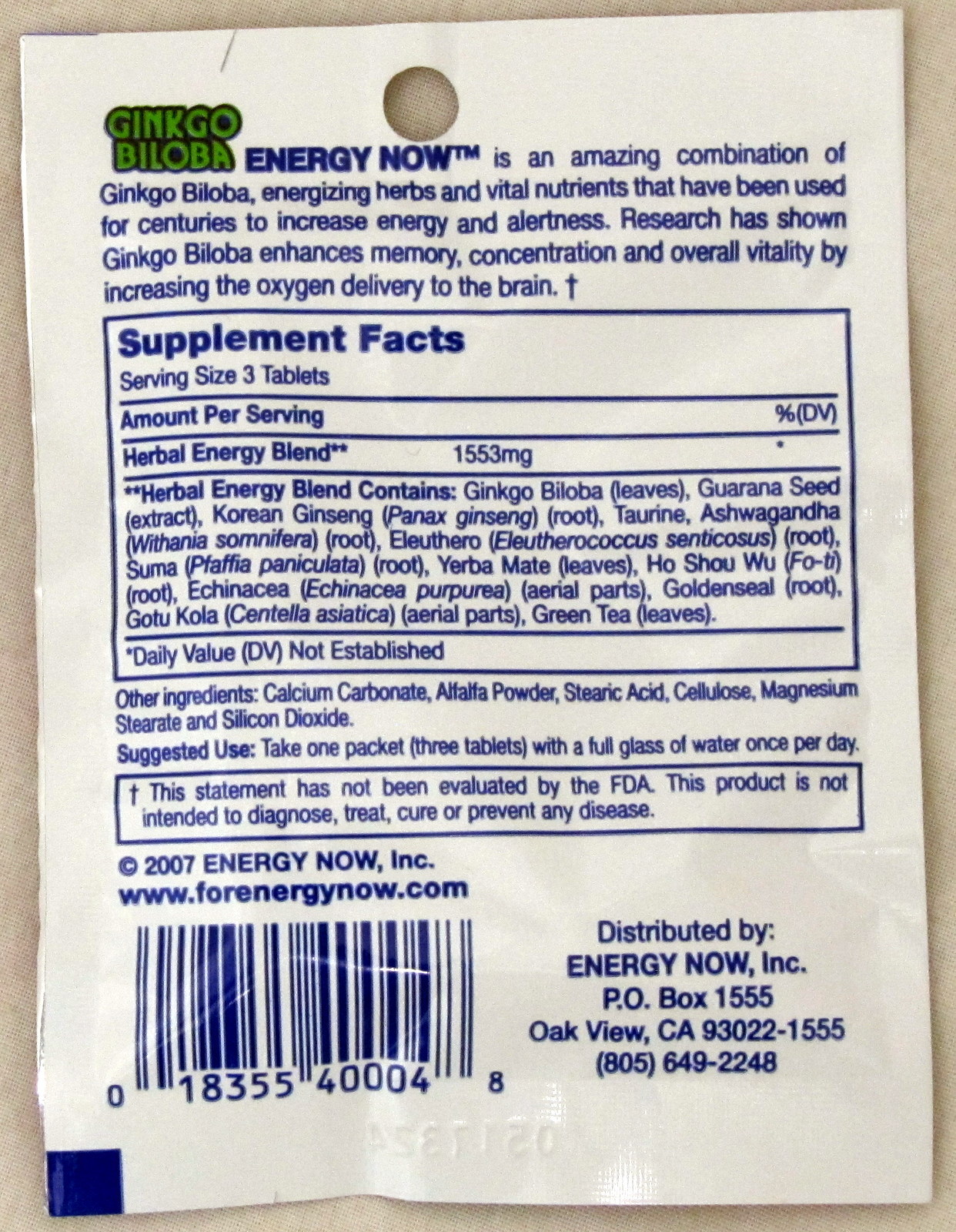 Ginkgo Biloba Energy Now Herbal Booster Supplements 24 packs 72 pills Memory