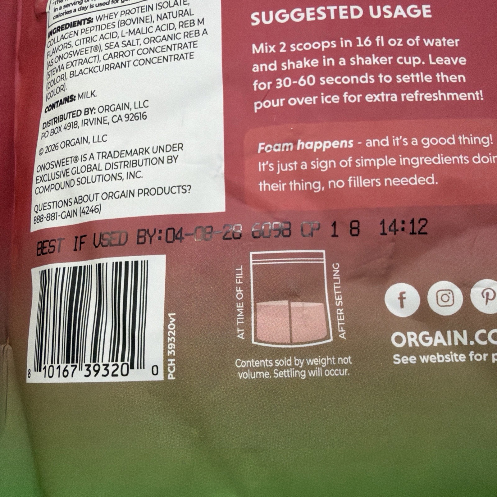 Orgain Watermelon Clear Protein Powder 18.4 Oz