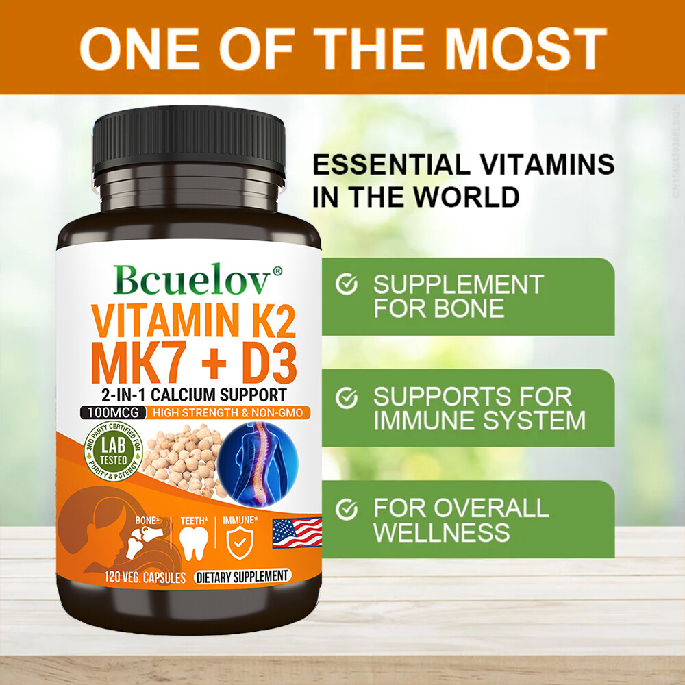 VITAMIN K2 MK7 + D3 2-IN-1 CALCIUM SUPPORT 100MCG HIGH STRENGTH & NON-GMO