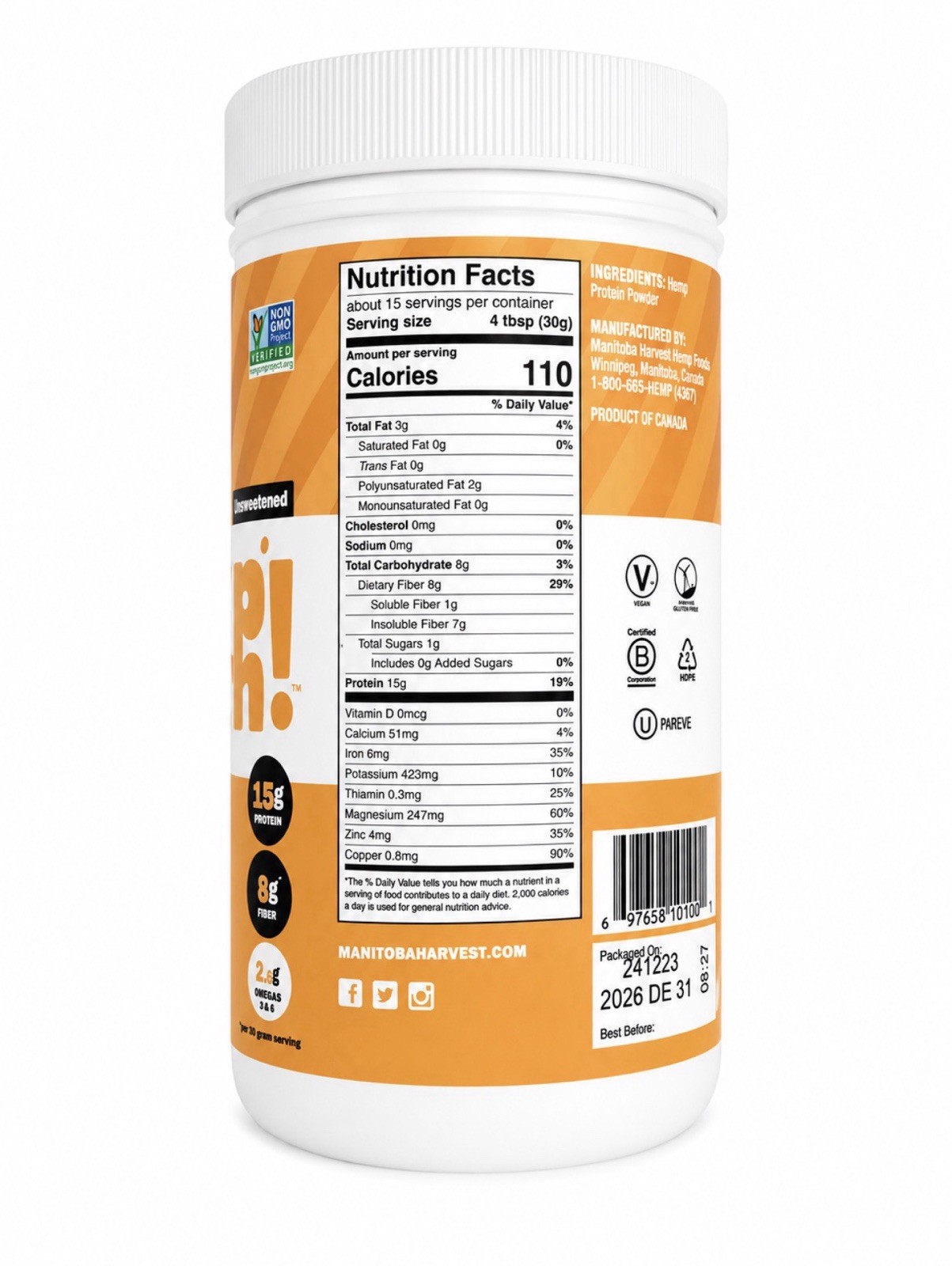 Manitoba Harvest Hemp Yeah! Hemp Protein Powder Unsweetened Non-GMO Vegan 16 oz