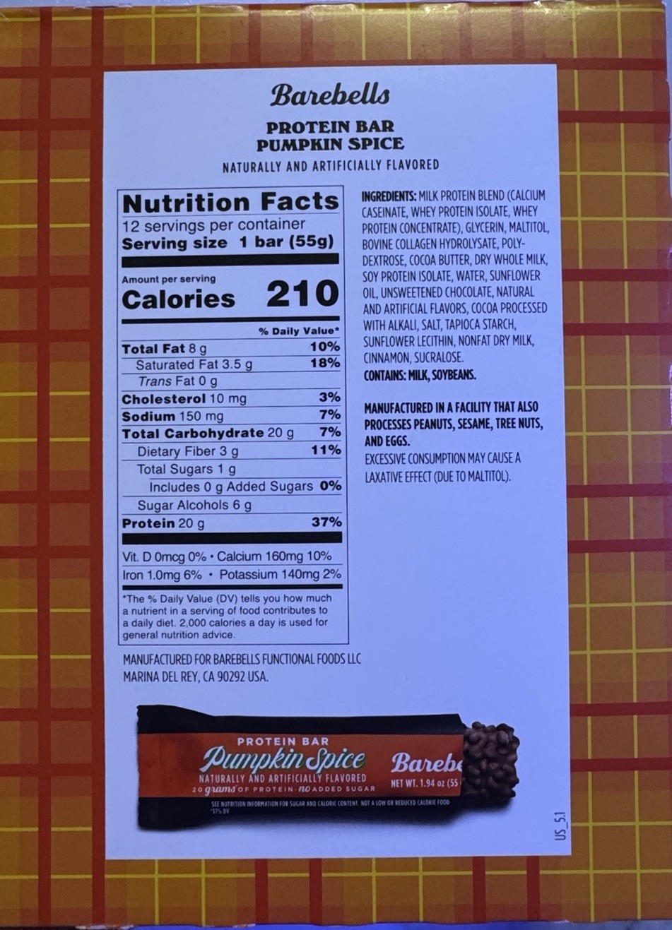 Barebells Protein Bar Pumpkin Spice 12x55g 20g Protein No Added Sugar