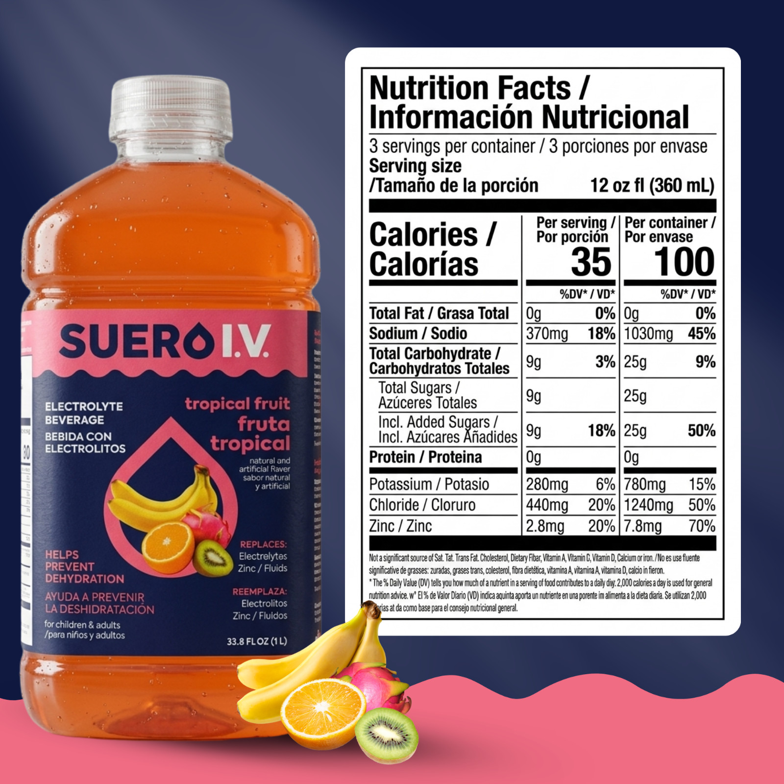 Suero I.V. Electrolyte Drink, Tropical Fruit Flavor 33.8 fl oz – Hydrate