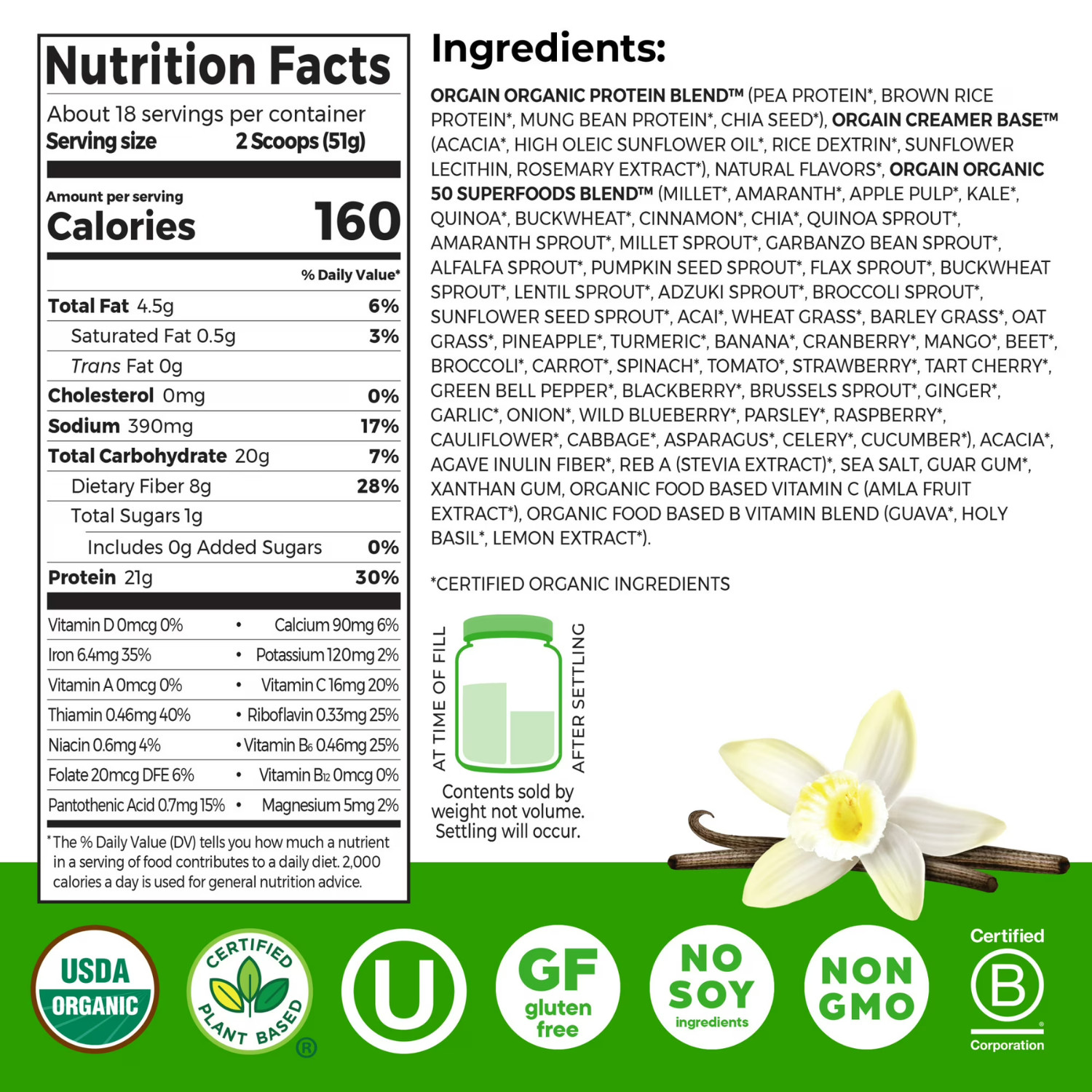 Orgain Organic Vegan 21g Protein Powder Vanilla Bean 2.02lb
