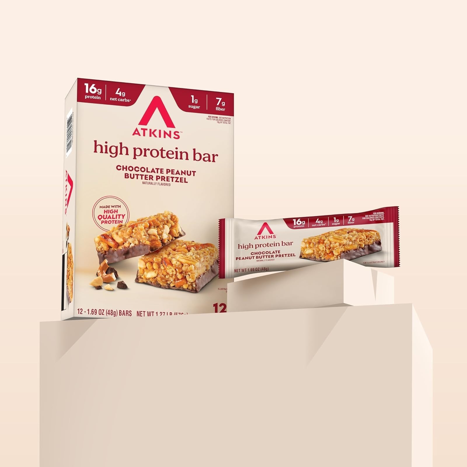 Atkins Chocolate Peanut Butter Pretzel Protein Bar – 16g Protein, Keto Friendly