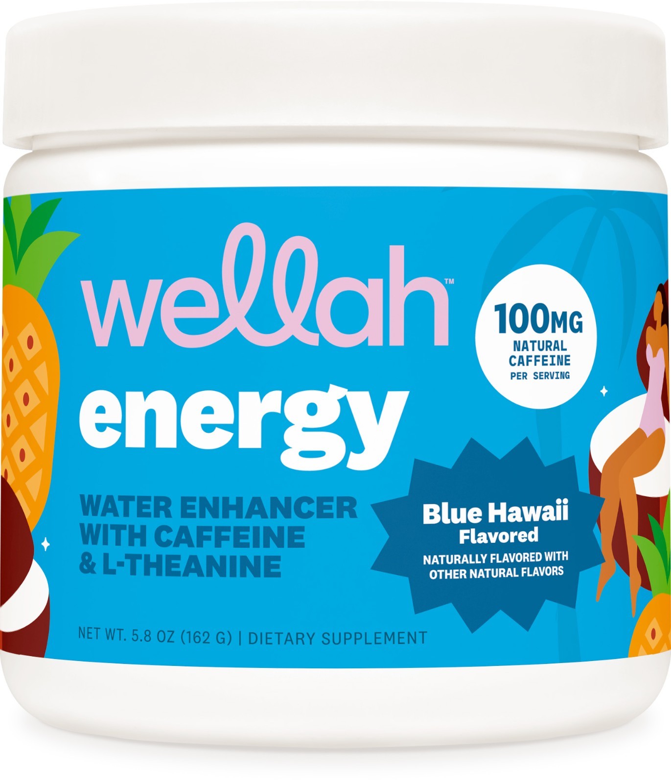 Wellah Energy Powder (Blue Hawaii) 30 Servings – Water Enhancer with Caffeine