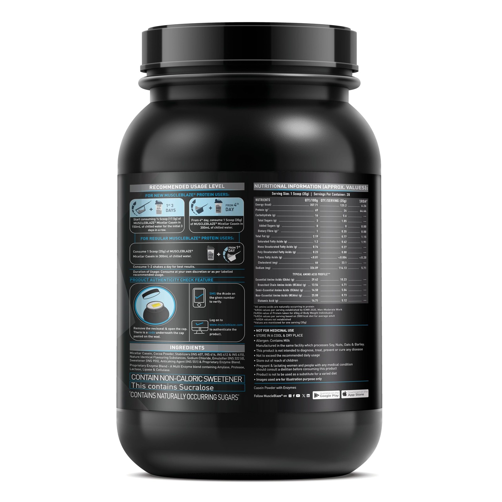 MuscleBlaze 100% Micellar Casein (Chocolate, 1 kg / 2.2 lb)