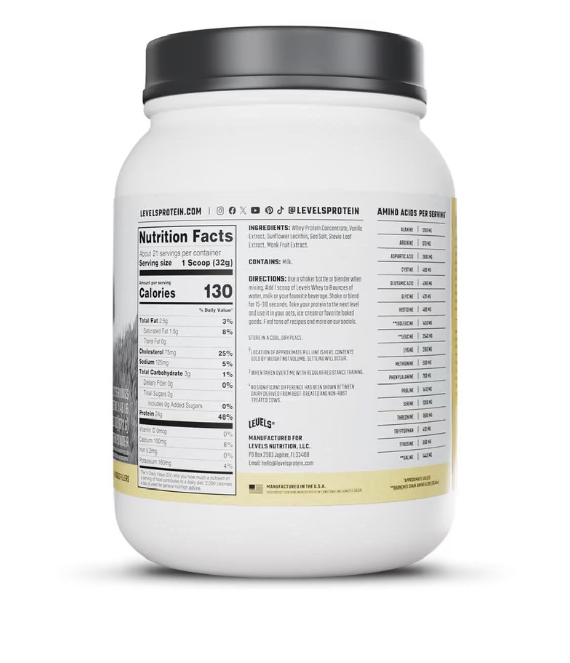 Levels Grass Fed Whey Protein Powder Zero Artificials Vanilla Bean