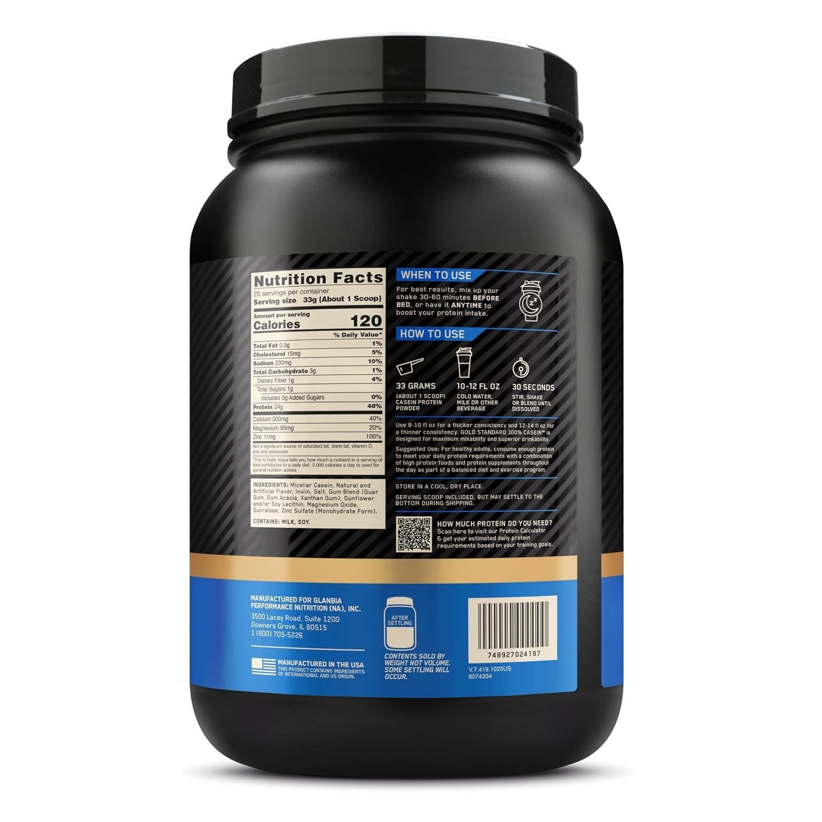 Optimum Nutrition Gold Standard Casein Protein Powder, Vanilla, 2 LB