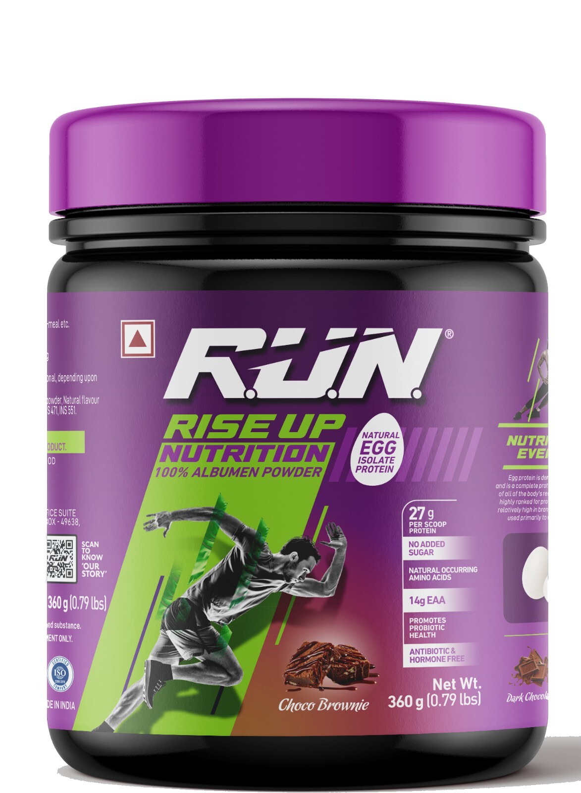 RUN Natural Egg White Protein Powder, 27g Protein, Lactose Free, 0.80 lbs/360 g
