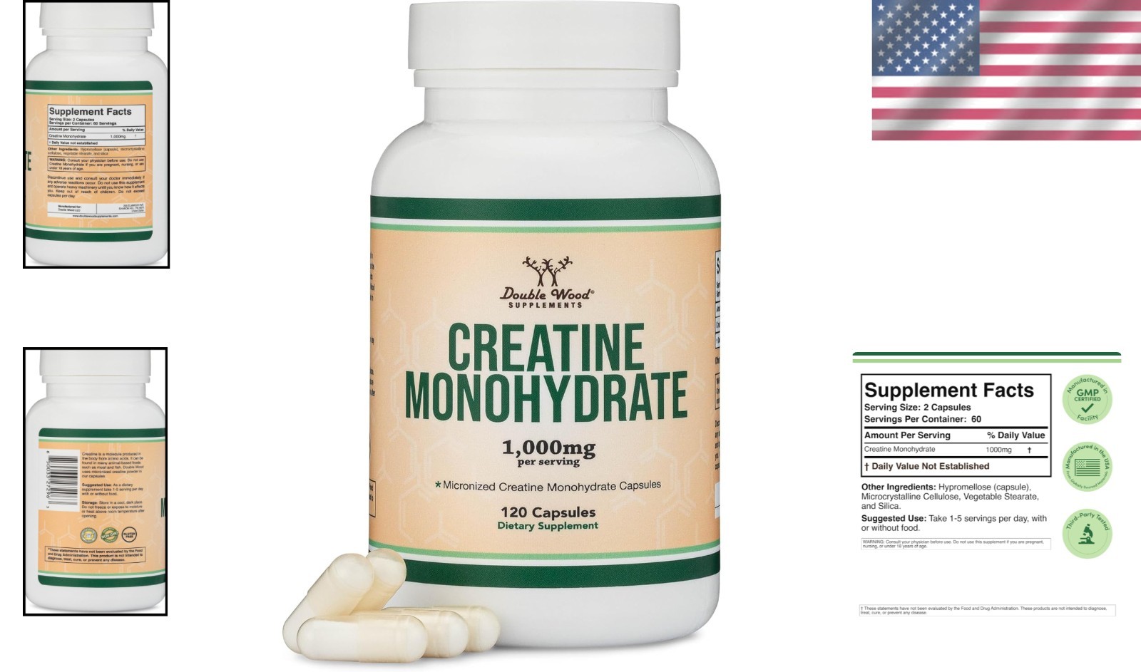 Double Wood Creatine Monohydrate Capsules – 120 Count, 1g per Serving