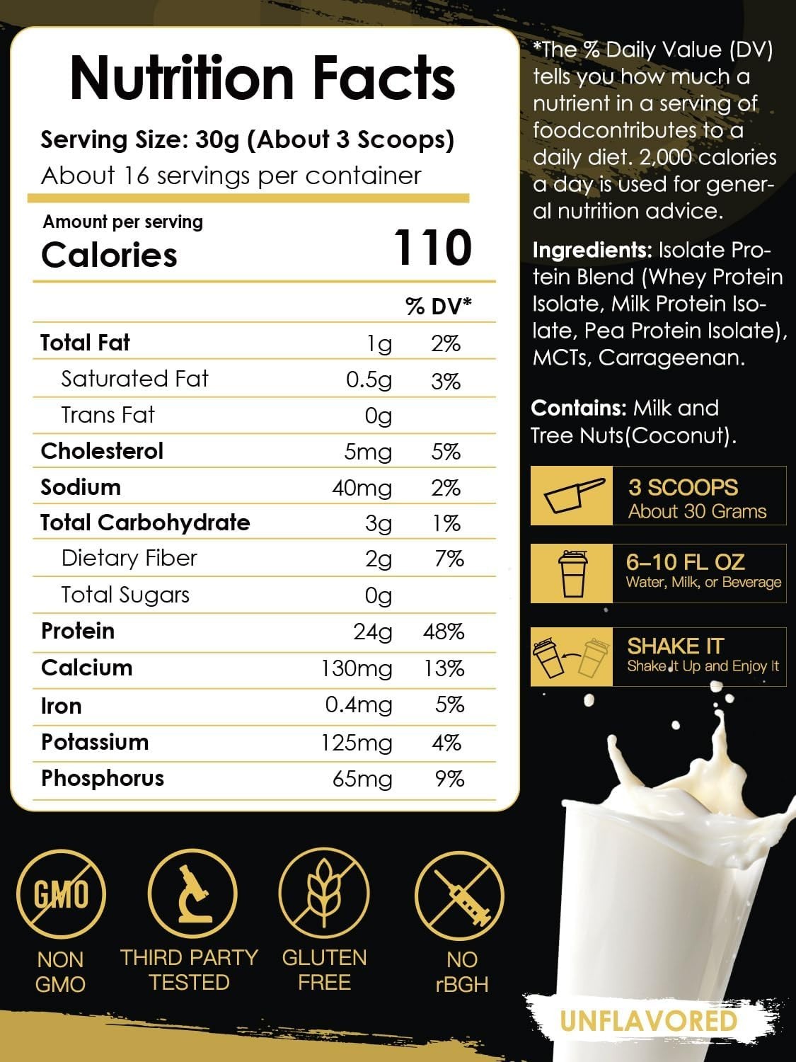 Unflavored Protein Powder Whey Pea Blend 16 Servings 24g Protein MCTs Hot Coffee