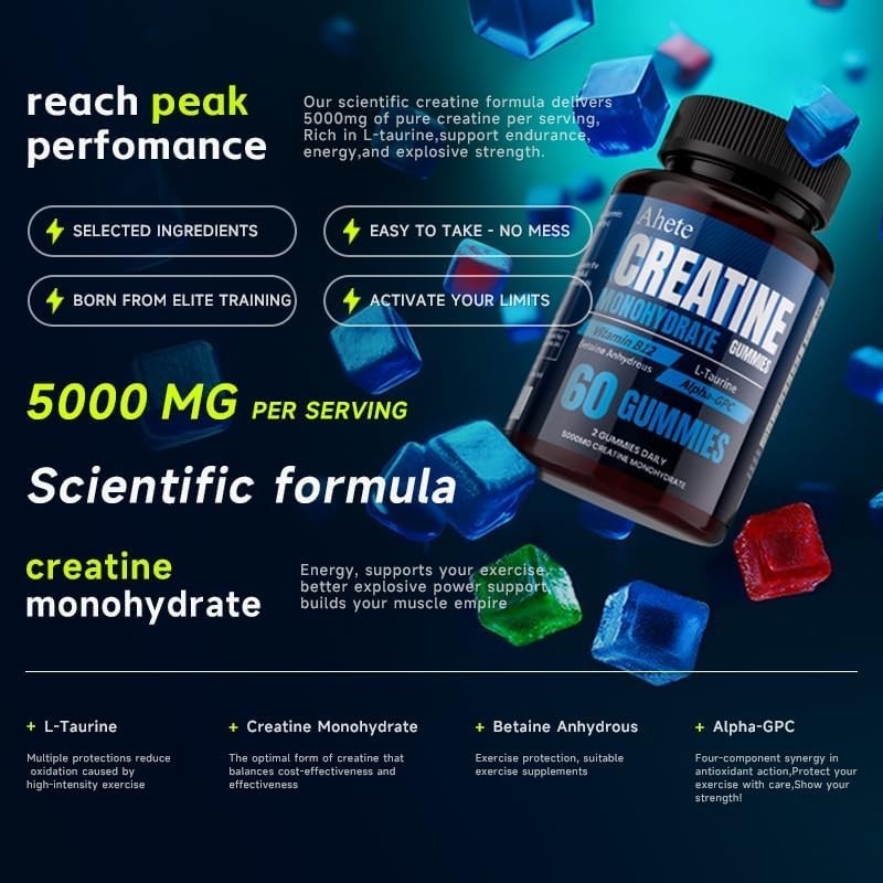 Creatine Monohydrate Gummies – 60 Gummies – 5000mg – Muscle Strength and Energy
