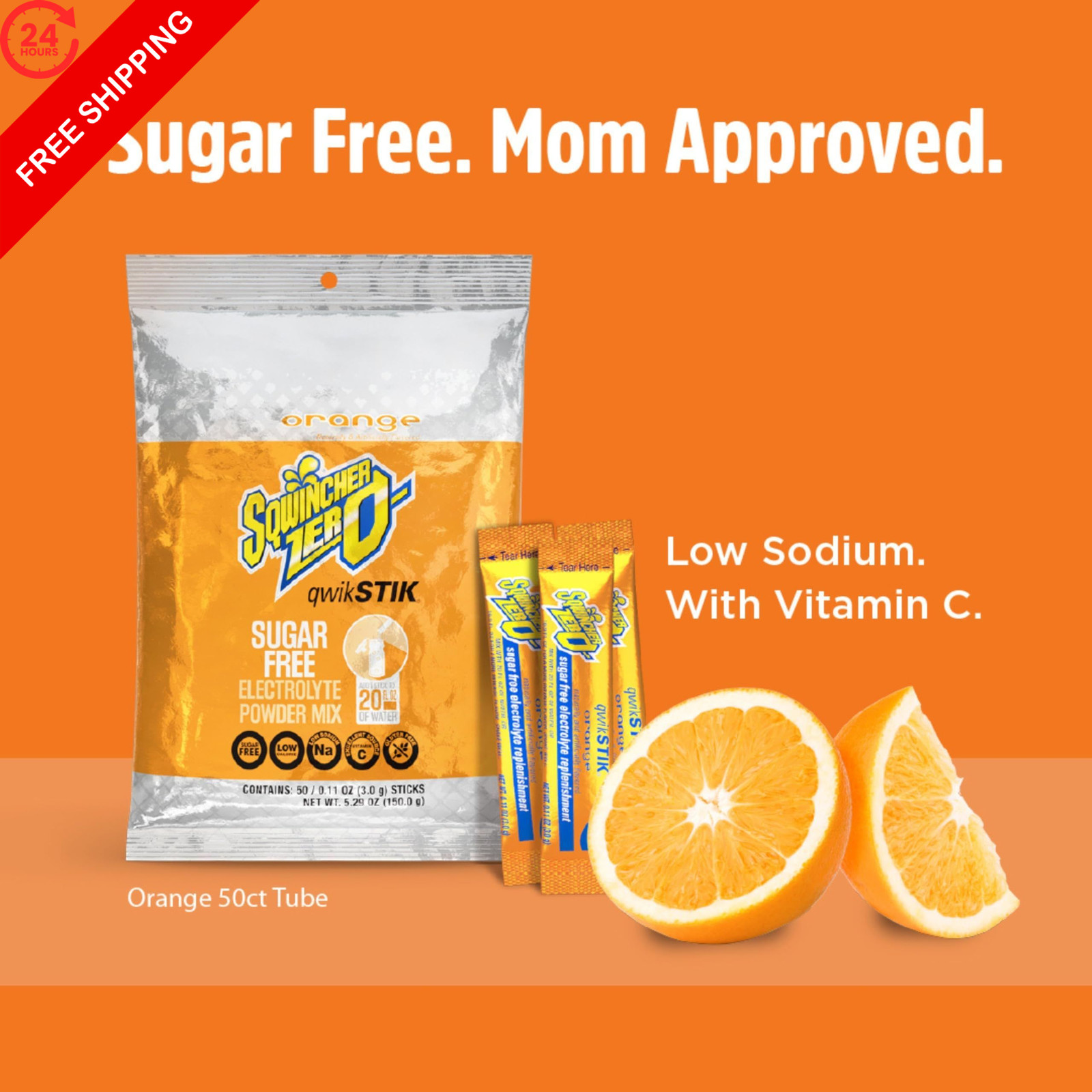 Sqwincher Zero Qwik Stik, Orange, Sugar Free, Low 0.11 Ounce (Pack of 50)