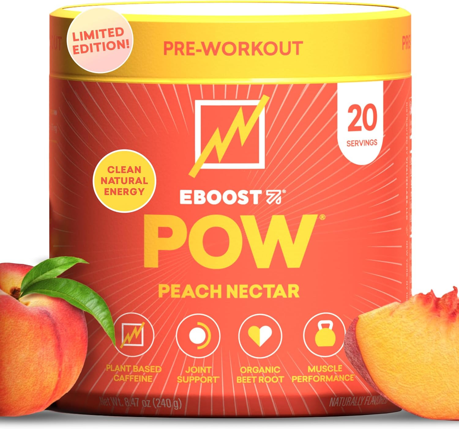 EBOOST POW Natural Pre Workout Powder, Peach Nectar, 15 Packets