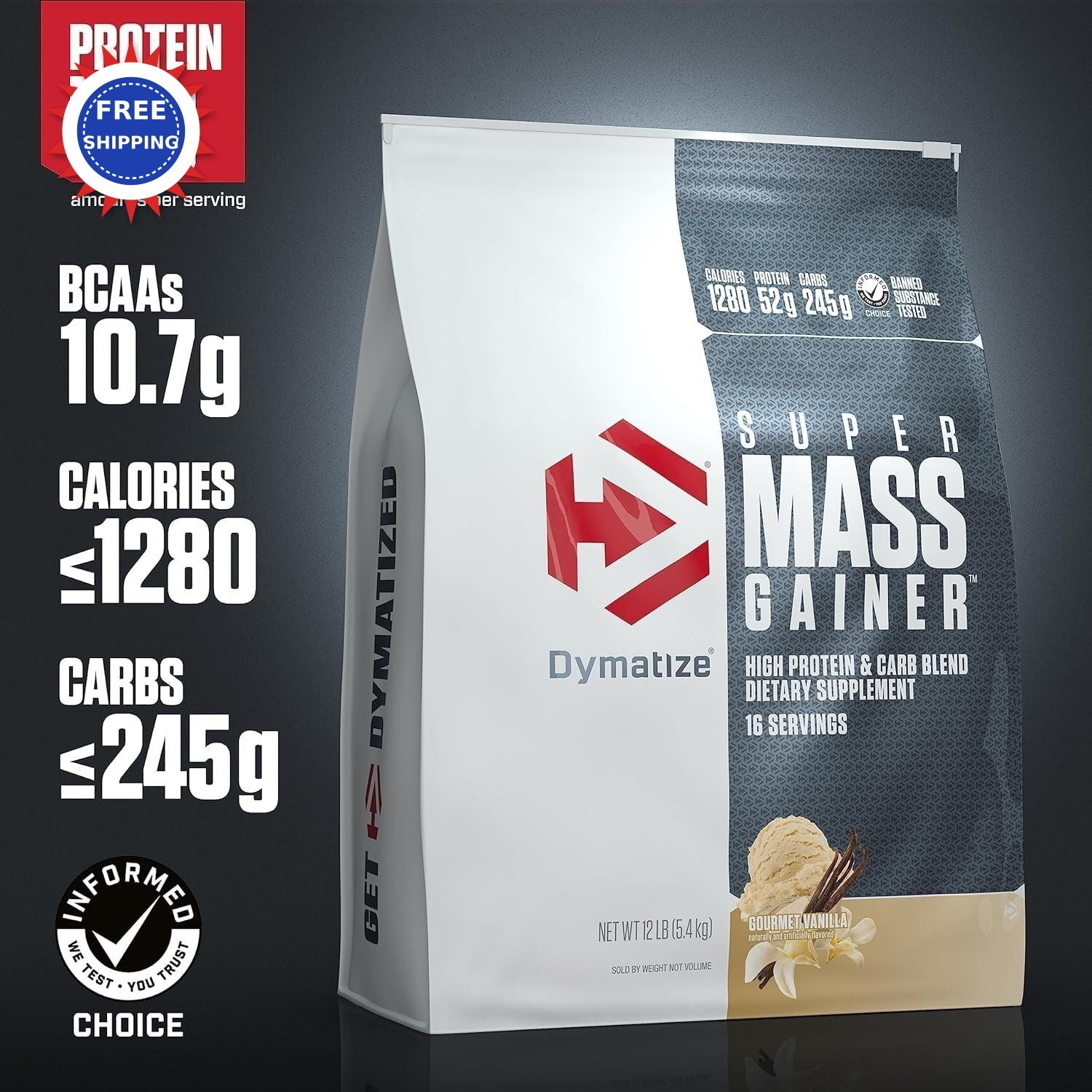 Dymatize Super Mass Gainer Protein Powder Gourmet Vanilla Creatine 1280 Calories