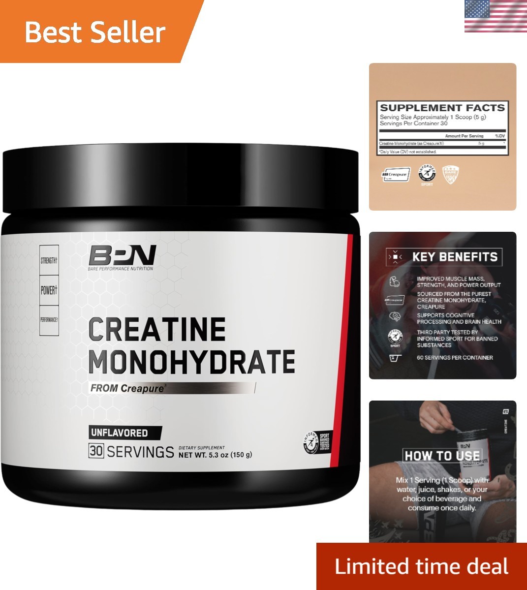 BPN 30 Servings of Pure Creatine Monohydrate – Boosts Muscle Power & Performance