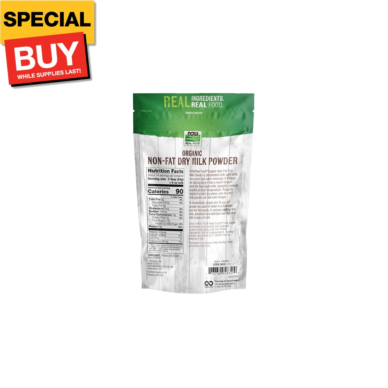 , Organic Non-Fat Dry Milk Powder with Protein and Calcium, Product of the USA,