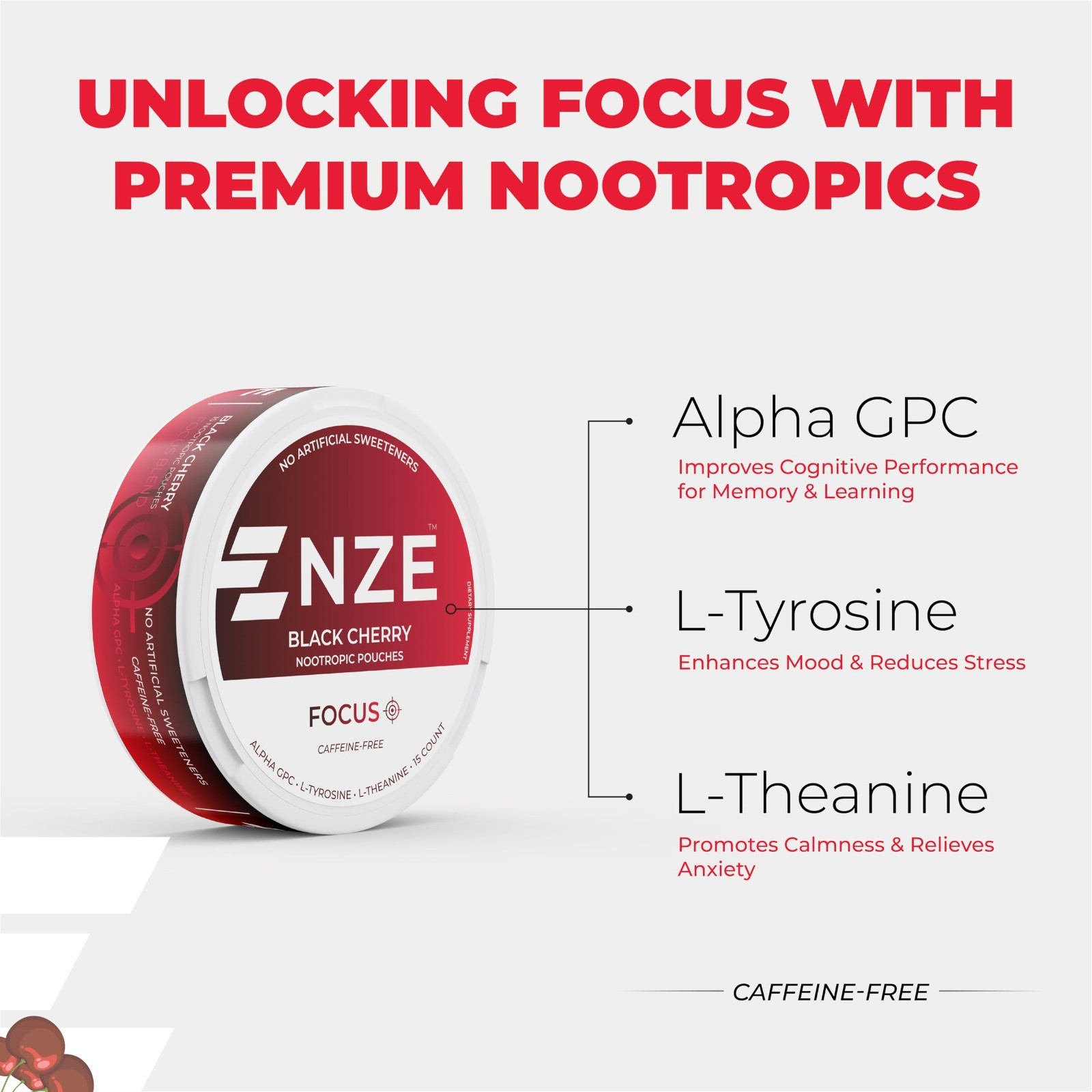 Caffeine-Free Nootropic Pouches – Black Cherry Flavor, Alpha GPC, L-Tyrosine, L-