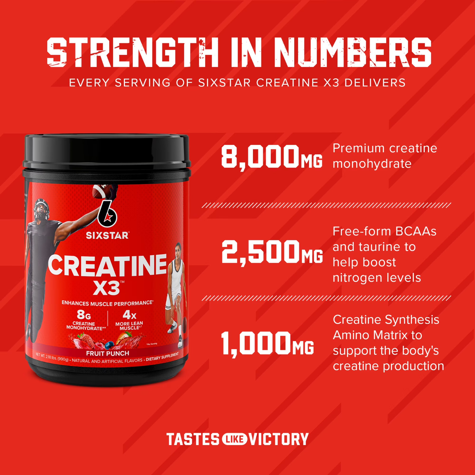 Six Star Pro Nutrition Creatine X3 BCAA Powder Fruit Punch 2.18 lb 30 Servings