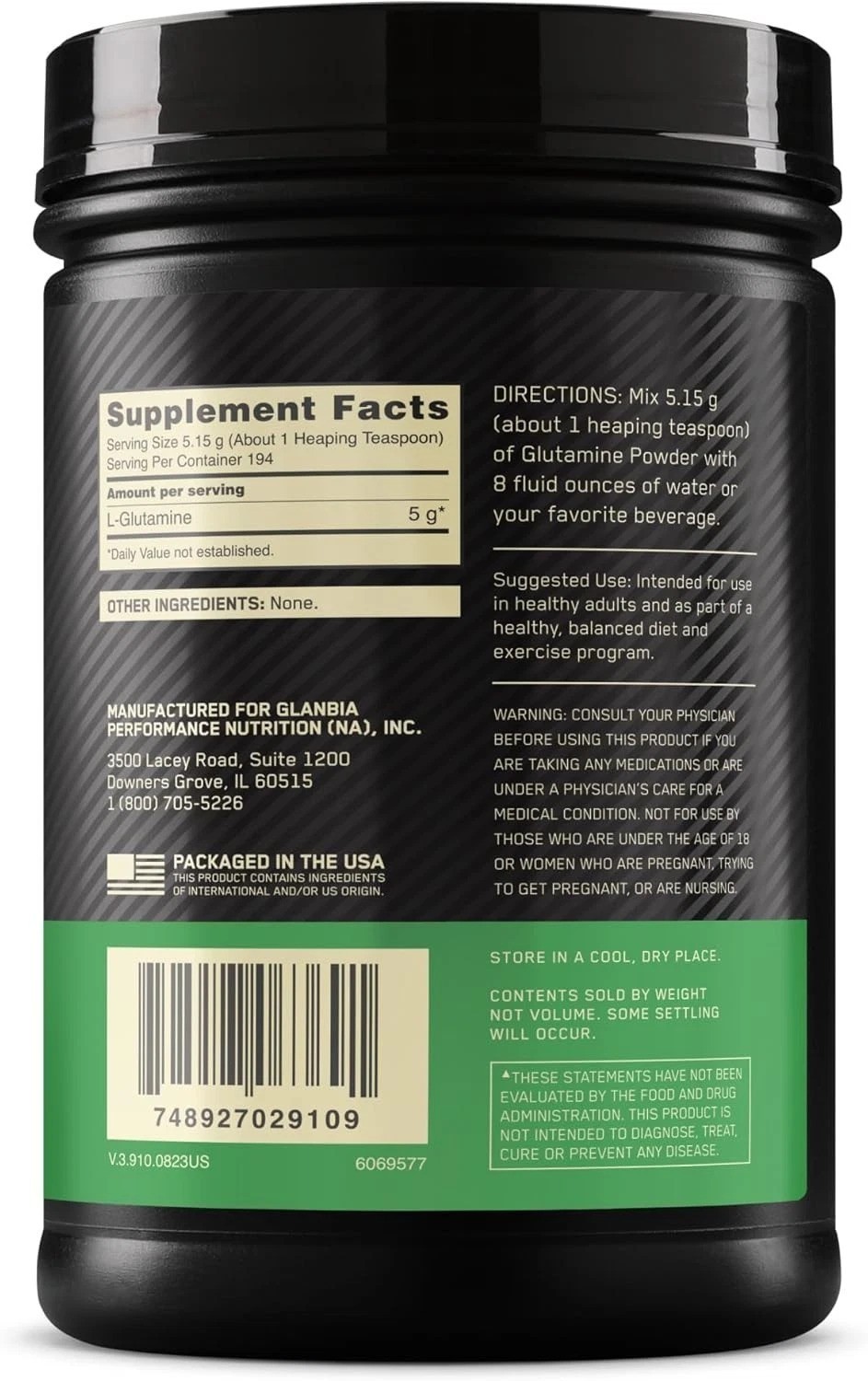 L-Glutamine Muscle Recovery Powder, 1000 Gram, 194 Servings Pack of 1
