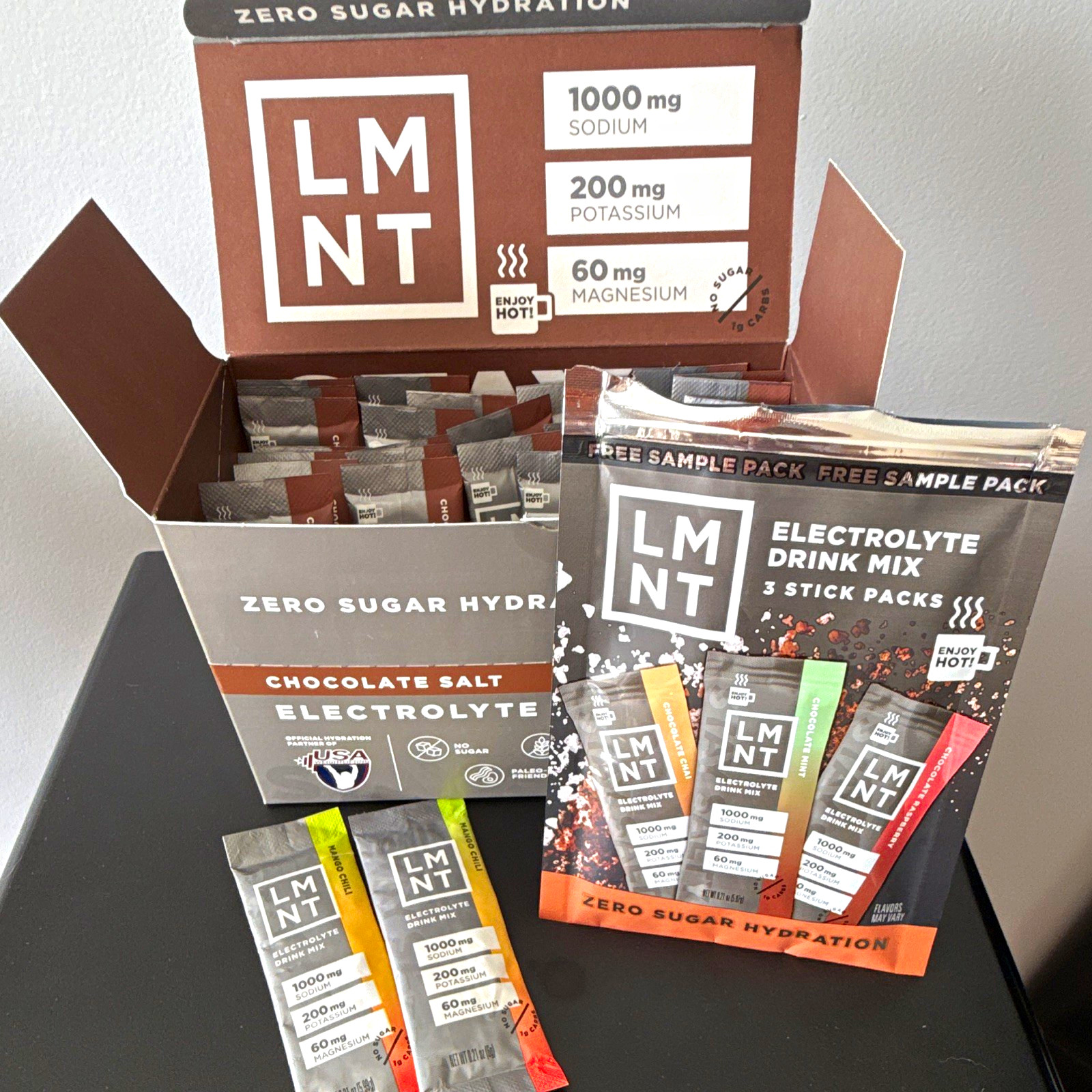 LMNT Zero Sugar Electrolyte Drink Mix Chocolate Salt and others