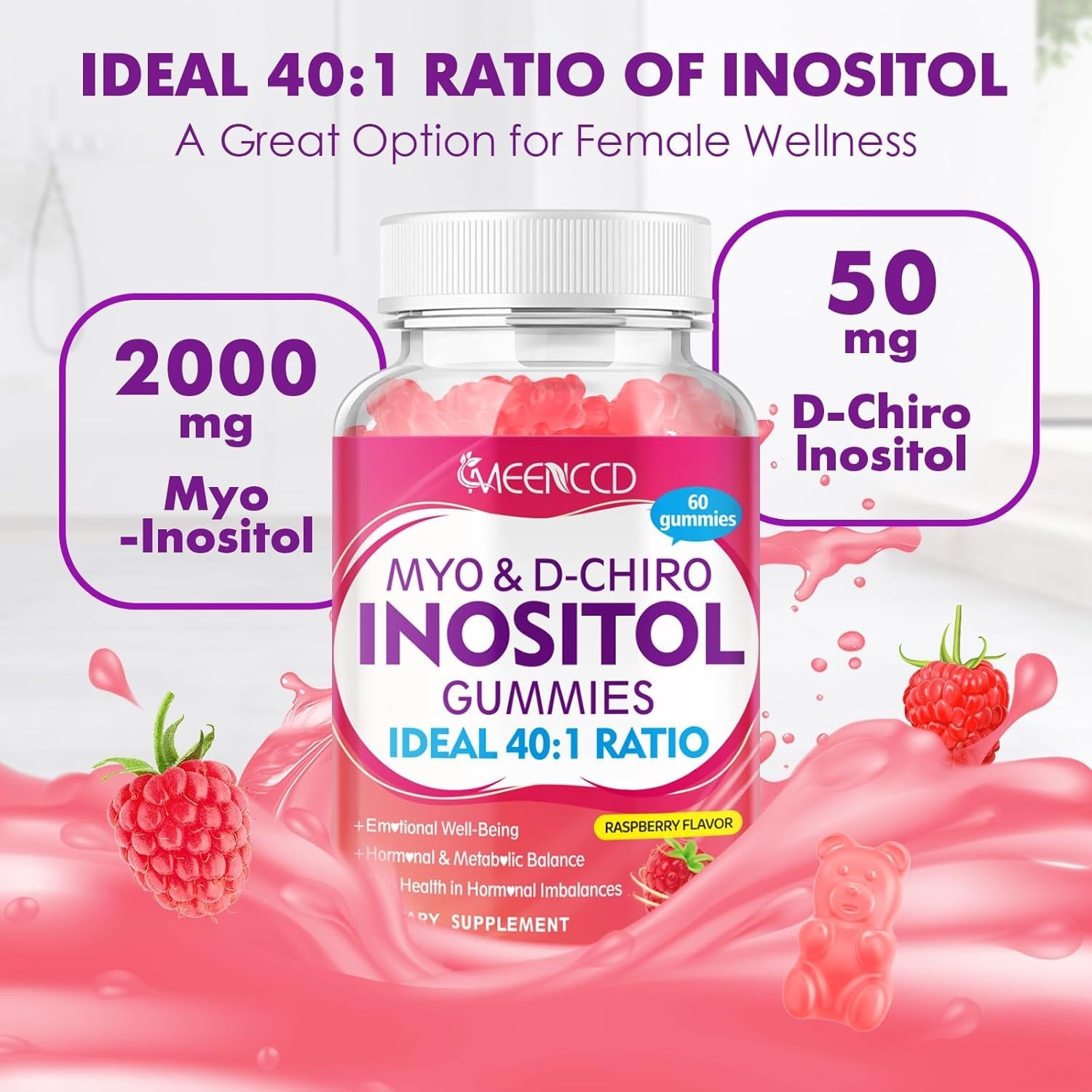MEENCCD Myo-Inositol & D-Chiro Inositol Gummies, 40:1 Ratio Inositol