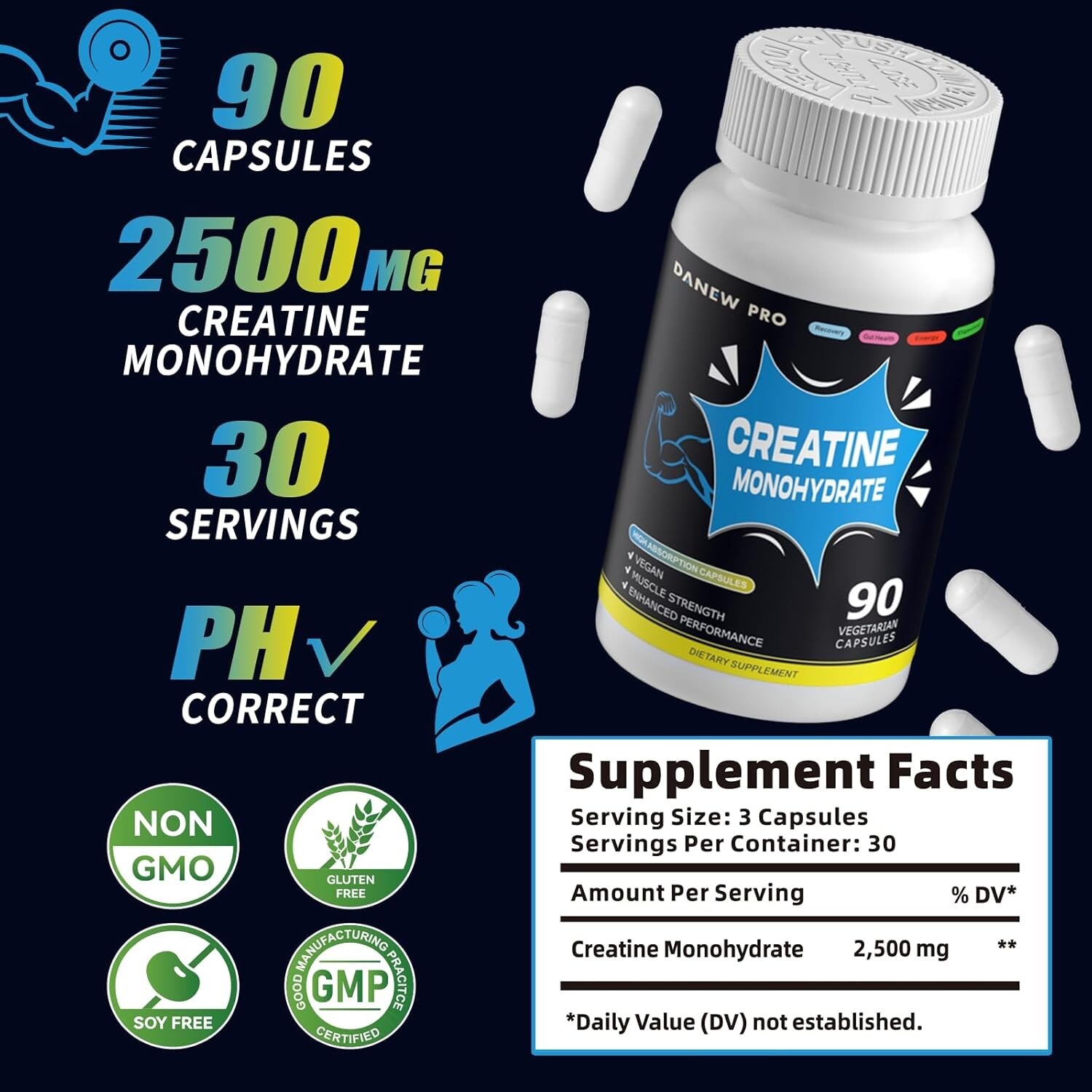 Creatine Monohydrate 2500mg Per Serving, 180 Capsules – Gluten Free, Non-GMO-…
