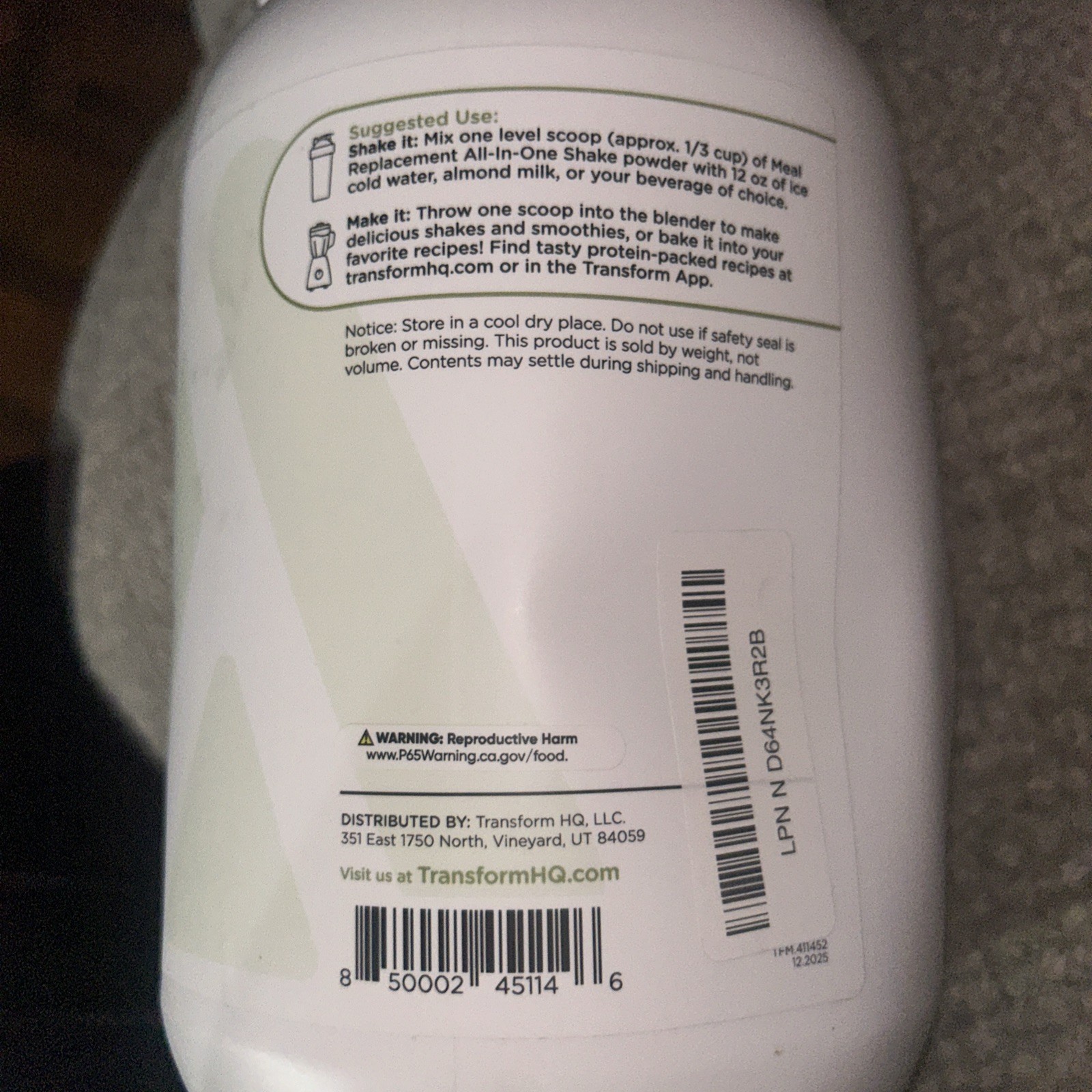 TransformHQ Meal Replacement Shake Powder 28 Servings (Mint Chocolate Chip)