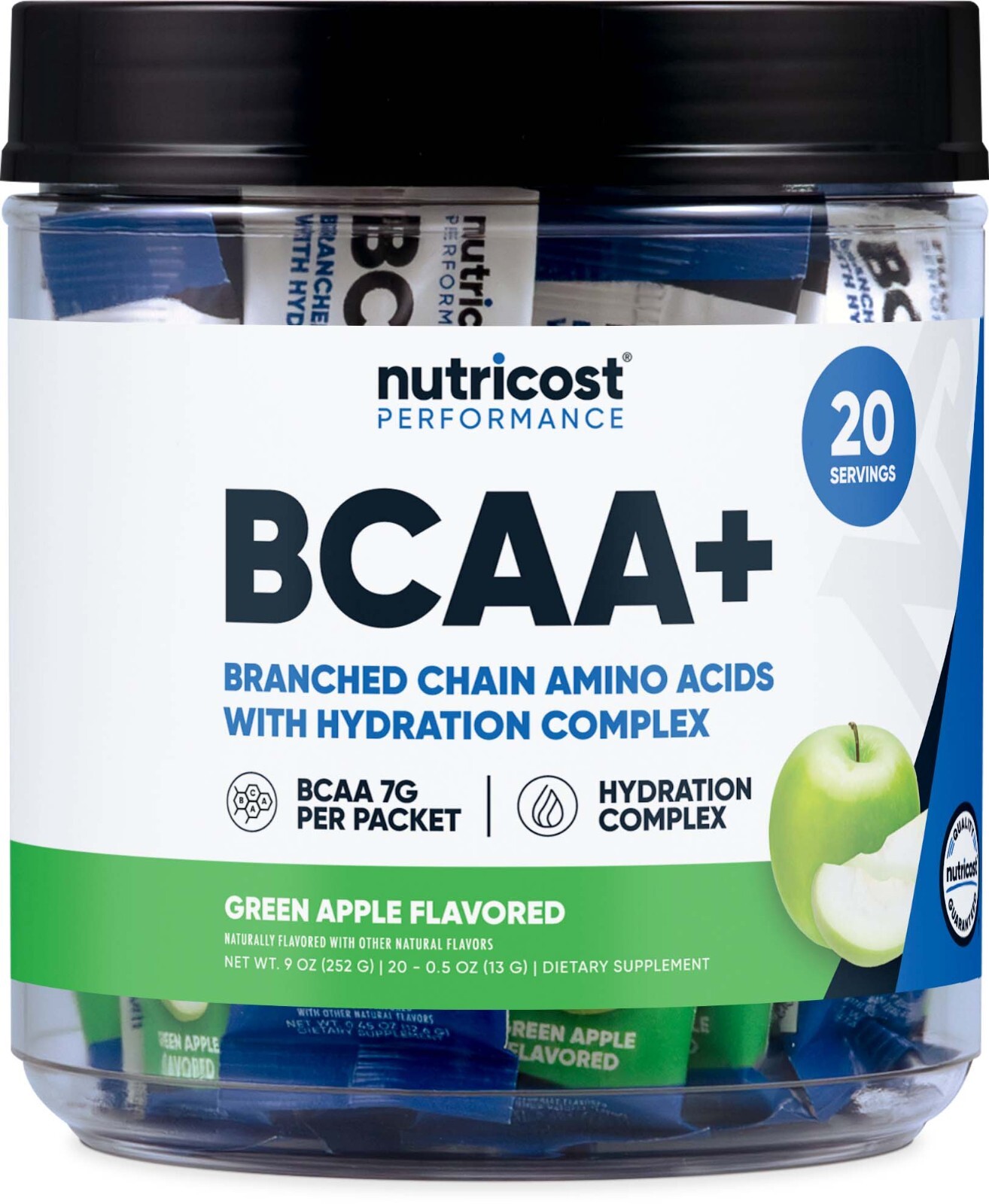 Nutricost BCAA+ Hydration Green Apple Flavored (20 Stickpacks) – Gluten-Free