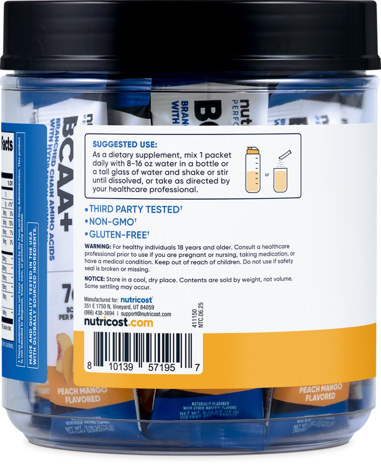 Nutricost BCAA+ Hydration Peach Mango Flavor (20 Stickpacks) – Gluten-Free