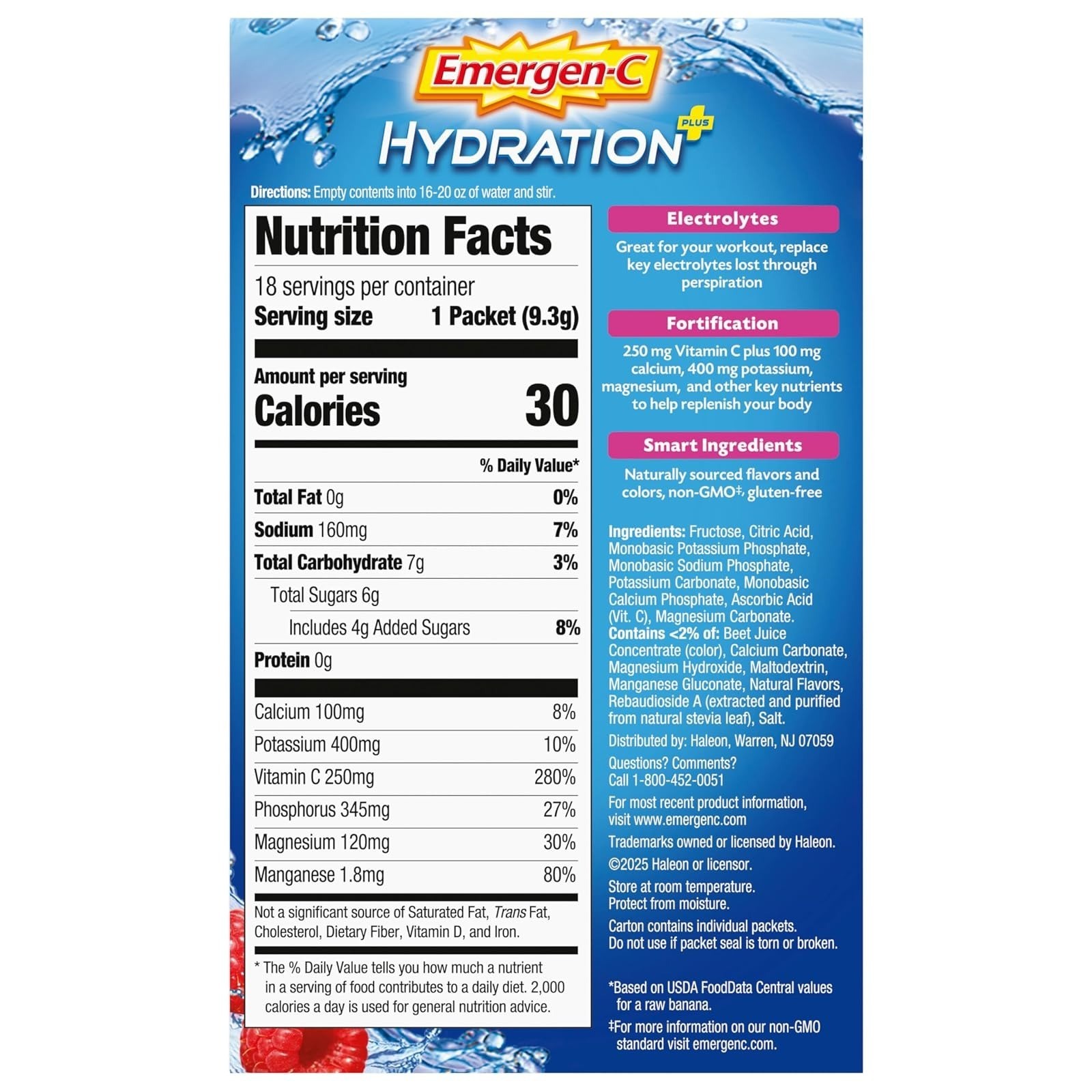 Emergen-C Hydration+ Vitamin C Sports Drink Mix, Raspberry, 18 Packets