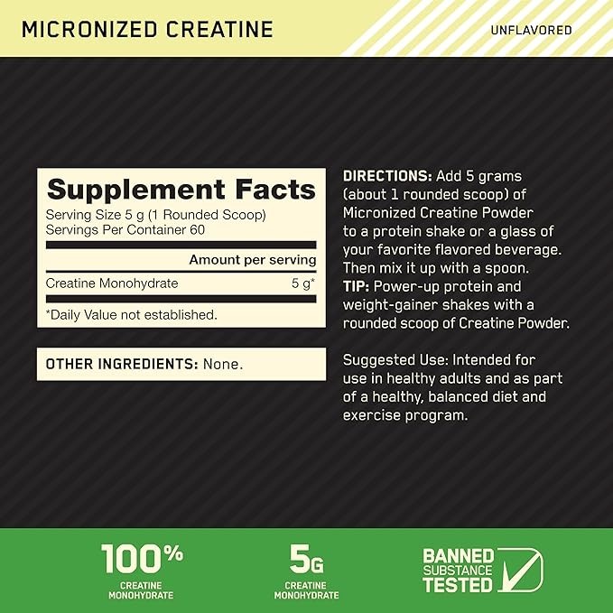 Optimum Nutrition Micronized Creatine Monohydrate Powder 60 Servings 5g Unflavor