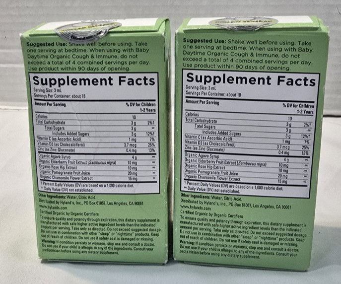 2x Hyland’s Baby Organic Cough & Immune Nighttime 2 fl oz each EXP 8/2026- 1yr+