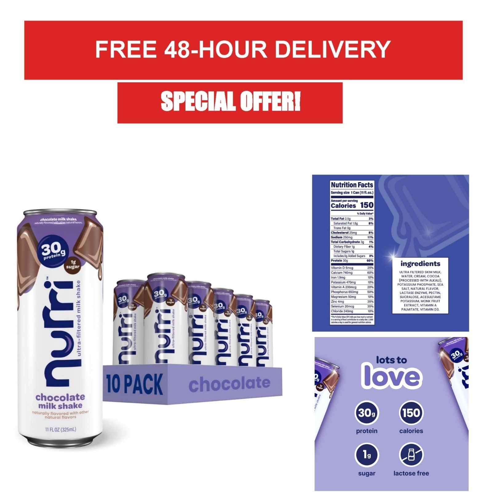 Nurri Chocolate Protein Shake – 30g Protein, Lactose Free, 10 Cans