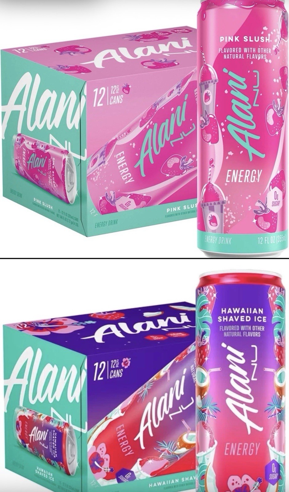 Alani Nu Energy Drink 0g Sugar Pink Slush Hawaiian Shaved Ice 4-Pack 🍧