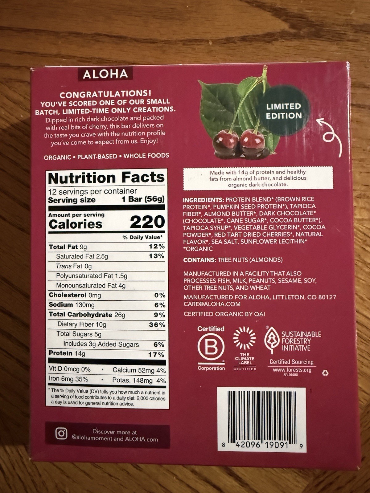 ALOHA Organic Plant-Based Protein Bars Chocolate Cherry 12ct 14g, Vegan