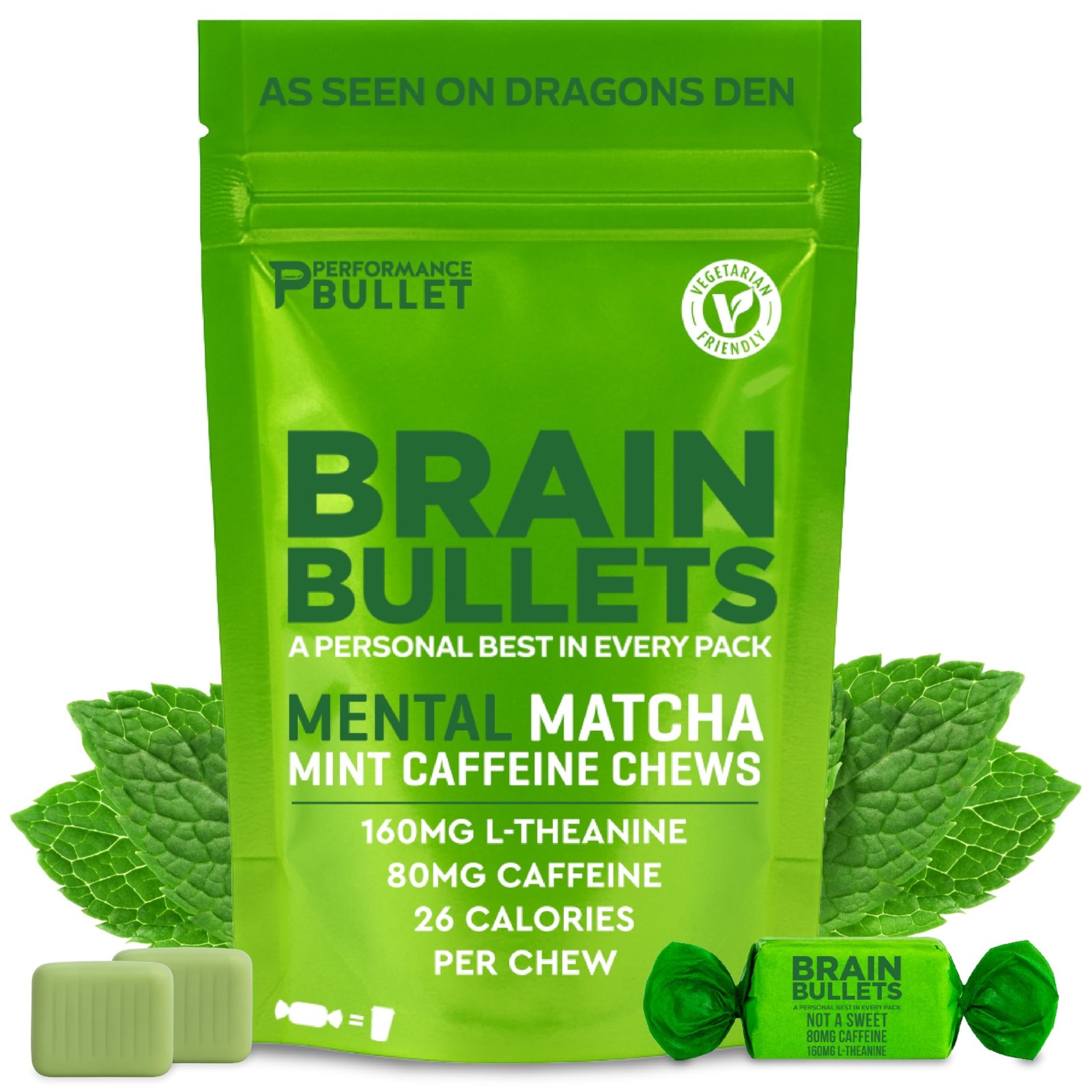 80mg Caffeine & 160mg L-Theanine Chews | Mint Matcha | 8 Servings