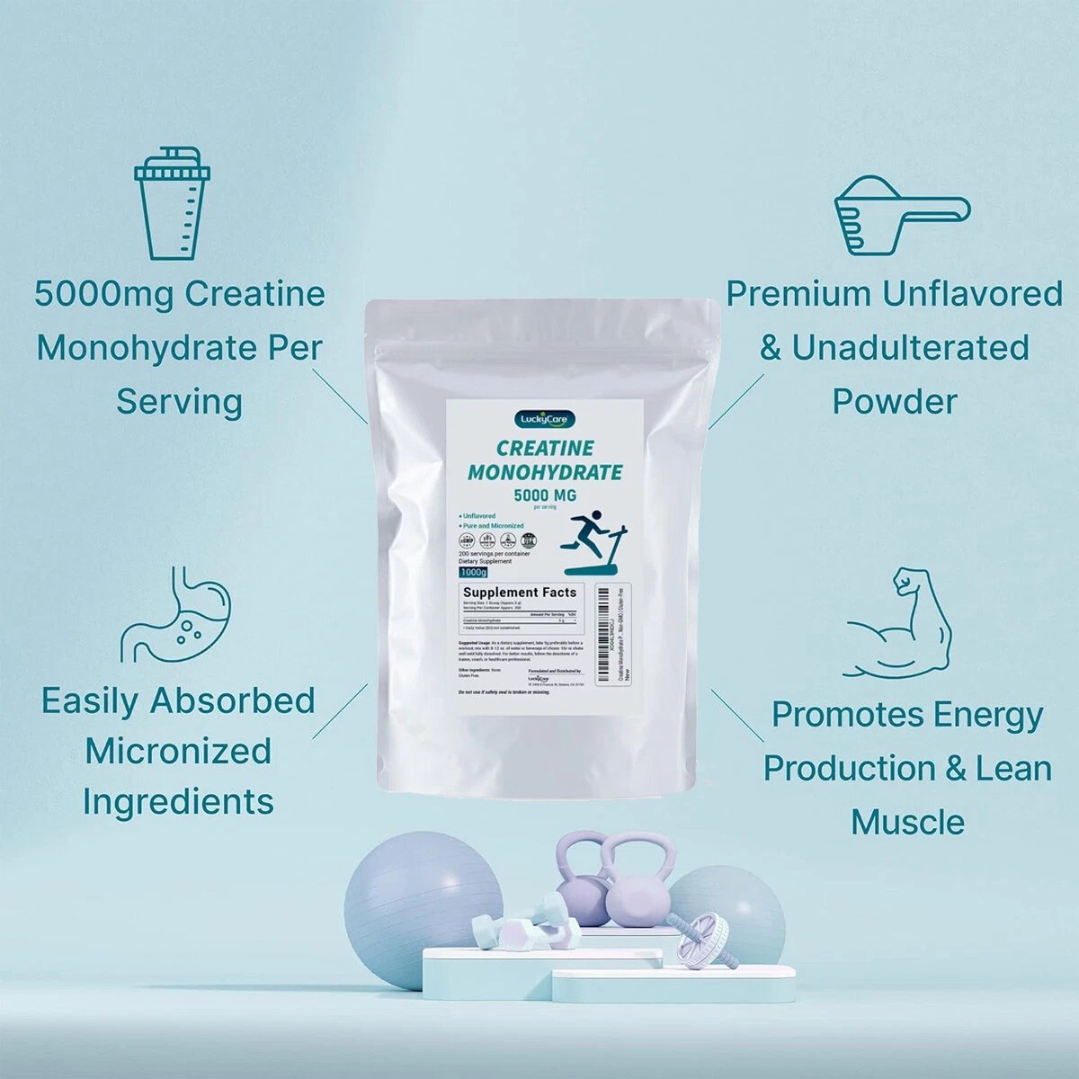 Pure Creatine Monohydrate Micronized Powder 2.2lbs 200 Servings 5g Per Serving