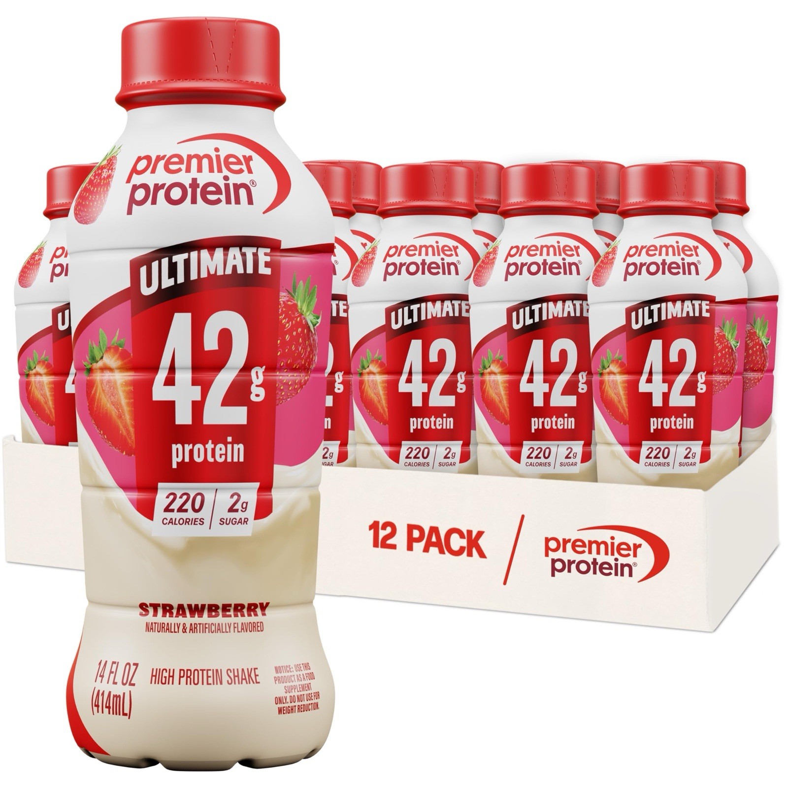 Premier Protein ULTIMATE 42g Protein Shake, Strawberry 🍓 14 Fl Oz, 12 Pack