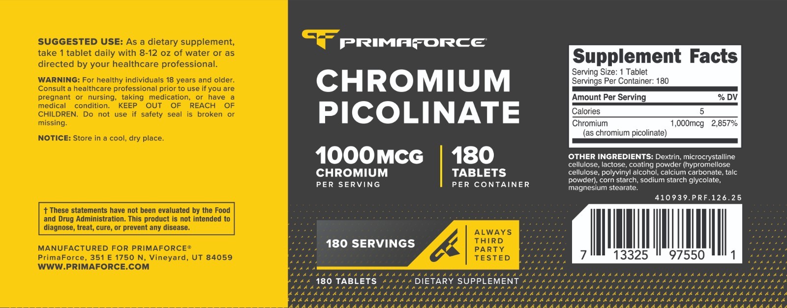 PrimaForce Chromium Picolinate 1000mcg, 180 Tablets