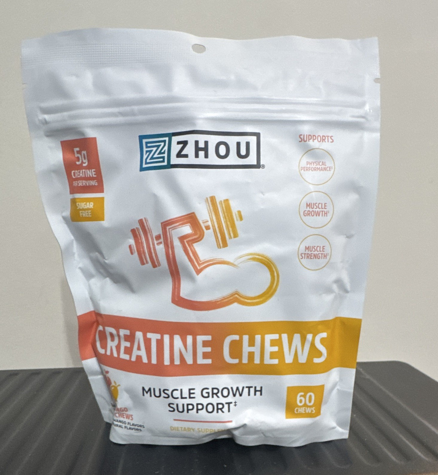 ZHOU Creatine Monohydrate Chews Peach Mango 60ct Vegan Sugar Free 5g