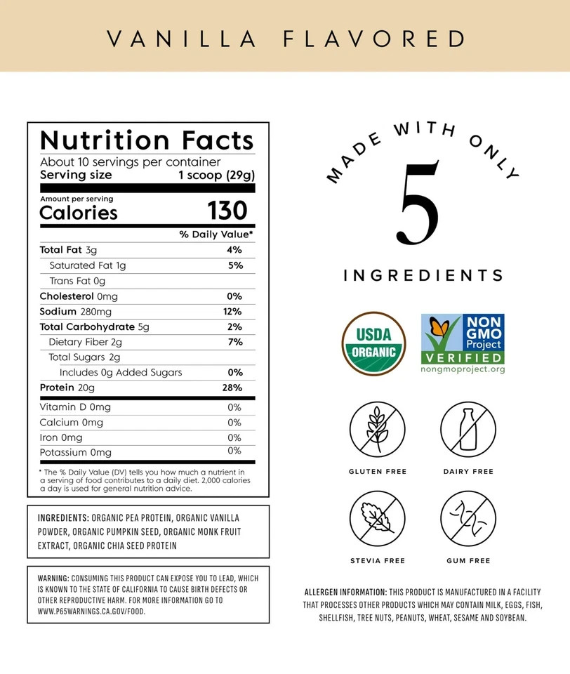 Truvani Vegan Pea Protein Powder Vanilla 20g Organic Plant Based Serving Keto