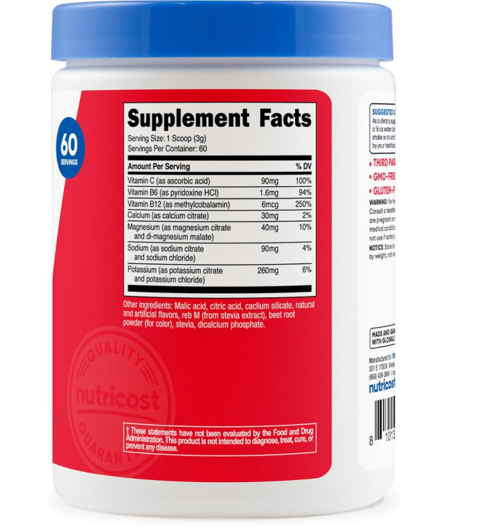Nutricost Electrolytes Powder Watermelon 60 Servings Zero Sugar Hydration 6.6oz