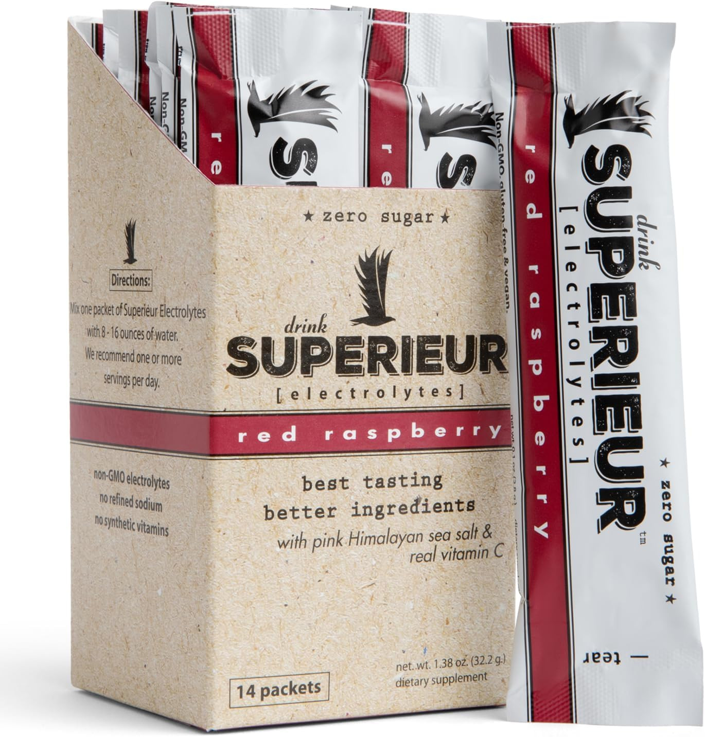 Superieur Sea Mineral Electrolyte Powder, Raspberry, 14 Packets