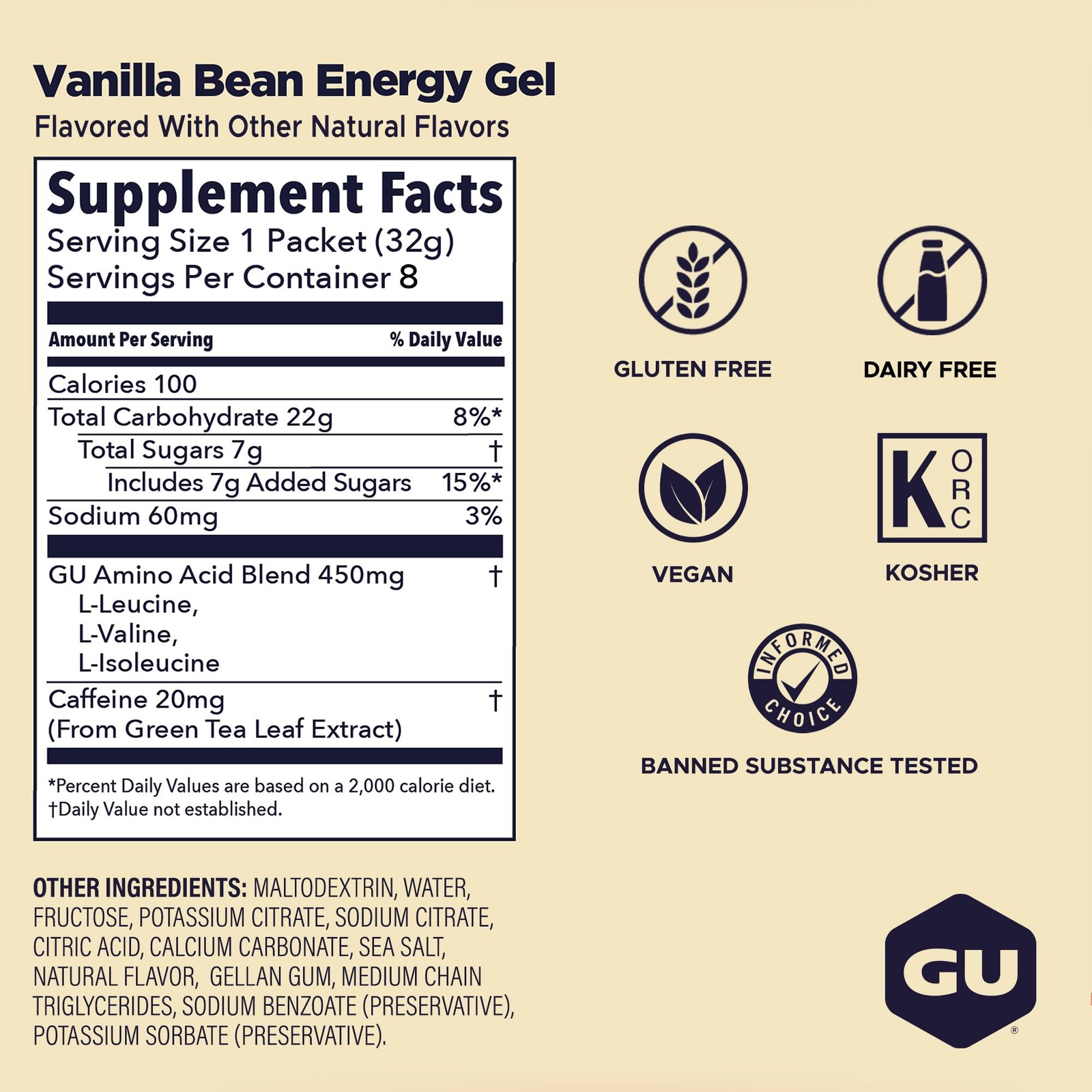 GU Energy Original Sports Nutrition 1 Fl Oz (Pack of 8), Vanilla Bean