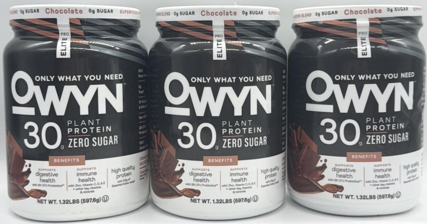 3PK OWYN Pro Elite Plant Protein Zero Sugar – Chocolate FLVR ~ 1.32 LBS EA